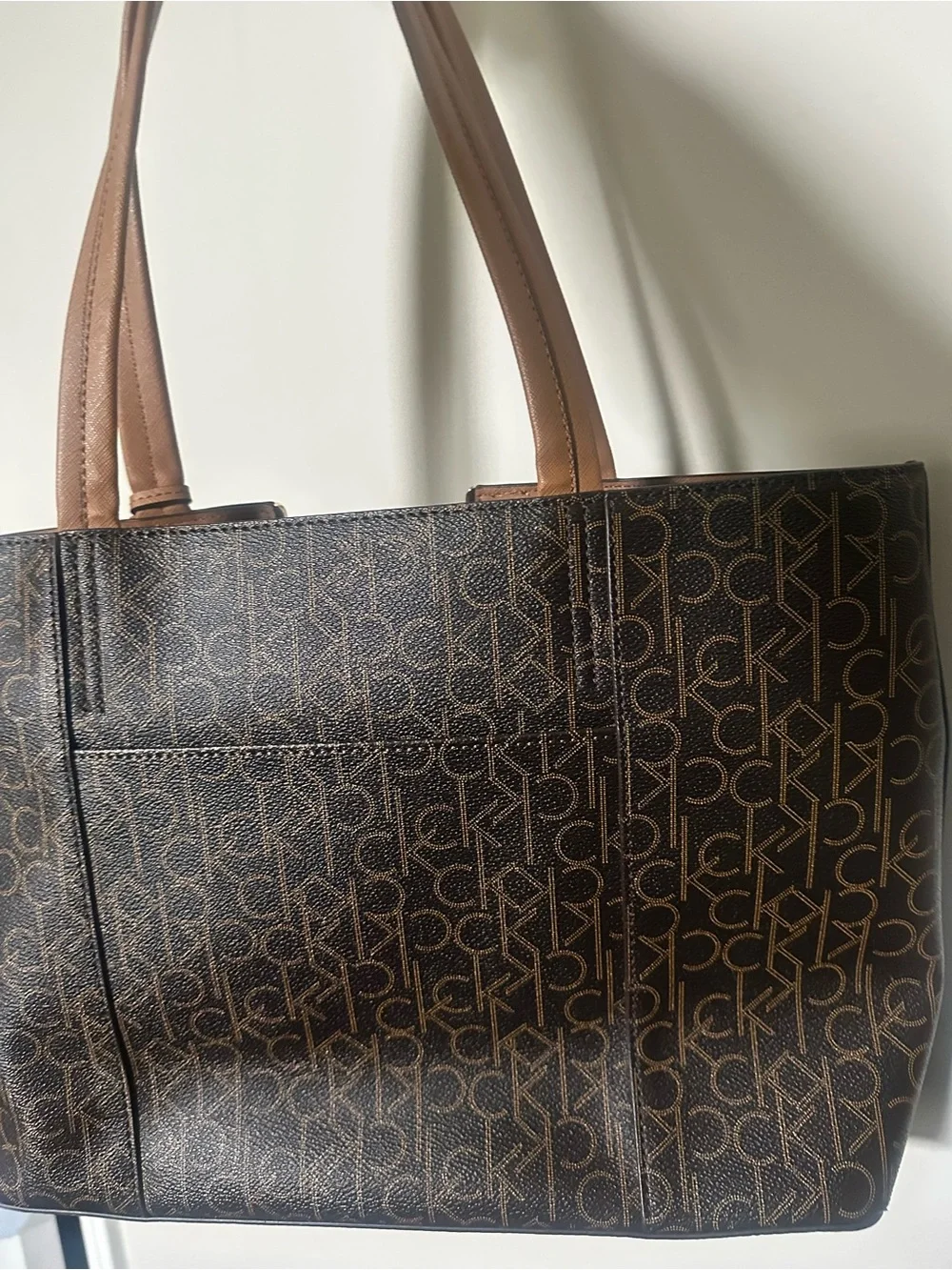 Calvin Klein Dark Brown Monogram Tote with Tan Straps NWOT - Picture 3 of 11